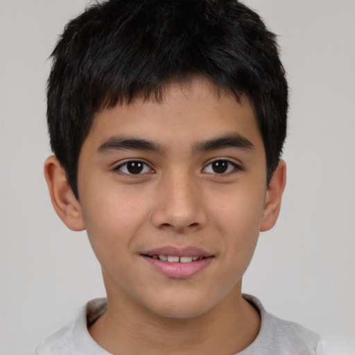 Joyful asian child male with short  brown hair and brown eyes