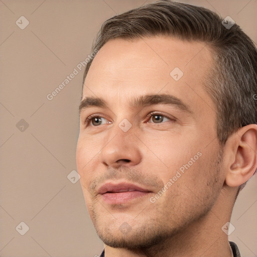 Neutral white young-adult male with short  brown hair and brown eyes