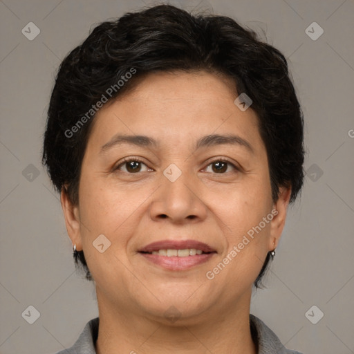 Joyful white adult female with short  brown hair and brown eyes