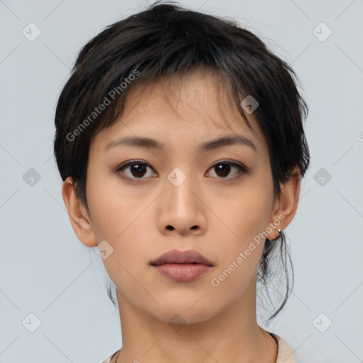 Neutral asian young-adult female with short  brown hair and brown eyes