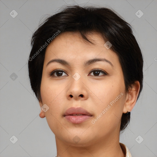 Neutral asian young-adult female with medium  brown hair and brown eyes