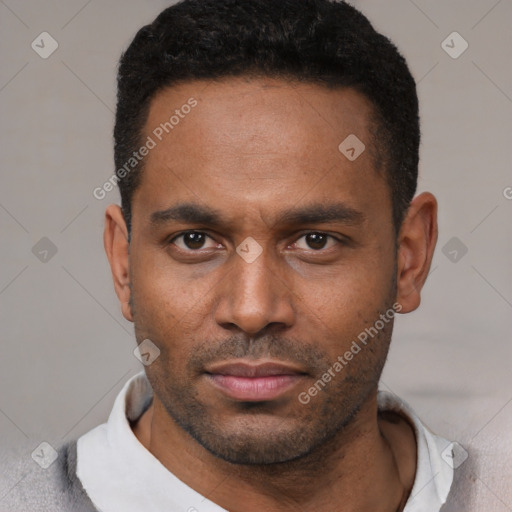 Neutral latino young-adult male with short  black hair and brown eyes