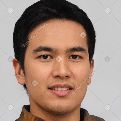 Joyful asian young-adult male with short  black hair and brown eyes