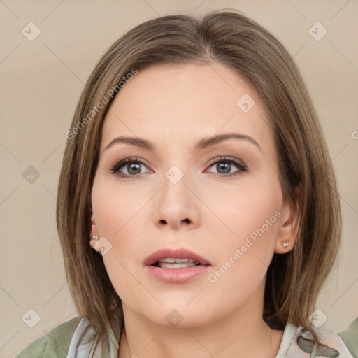 Neutral white young-adult female with medium  brown hair and brown eyes