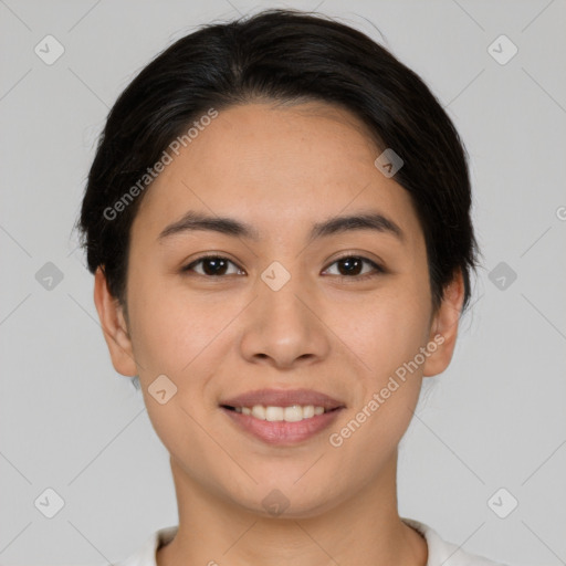 Joyful white young-adult female with short  brown hair and brown eyes