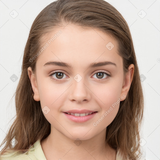 Joyful white child female with medium  brown hair and brown eyes