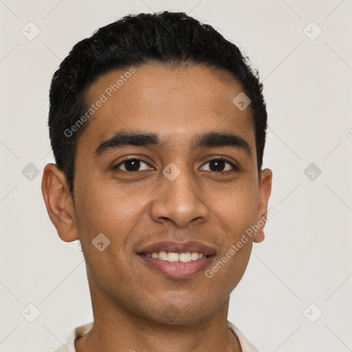 Joyful latino young-adult male with short  black hair and brown eyes