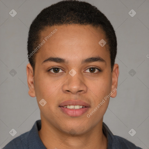 Joyful latino young-adult male with short  brown hair and brown eyes