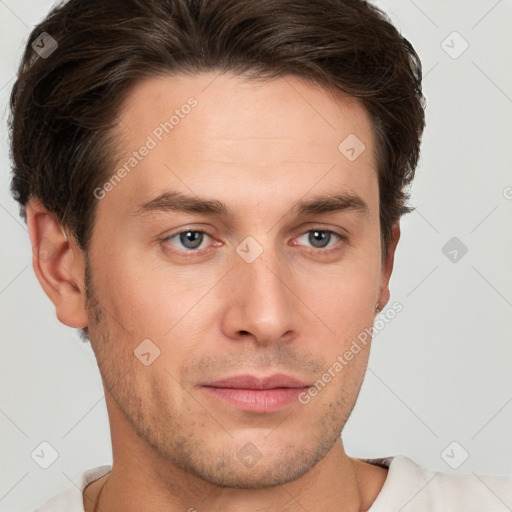 Neutral white young-adult male with short  brown hair and brown eyes