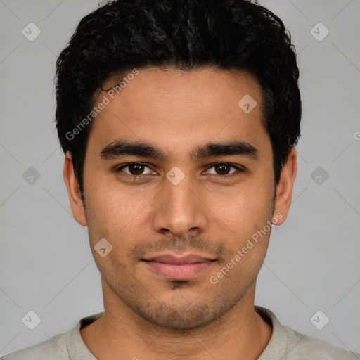 Neutral latino young-adult male with short  black hair and brown eyes