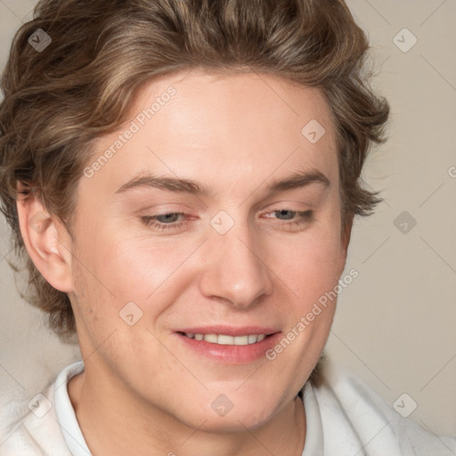 Joyful white young-adult male with medium  brown hair and brown eyes