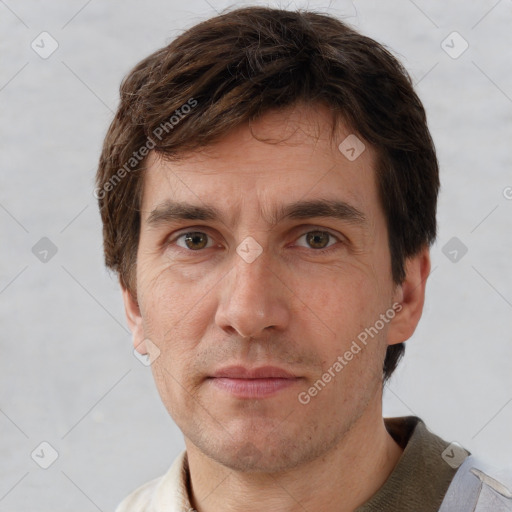 Neutral white adult male with short  brown hair and brown eyes