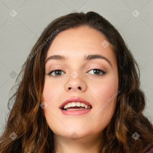 Joyful white young-adult female with long  brown hair and green eyes