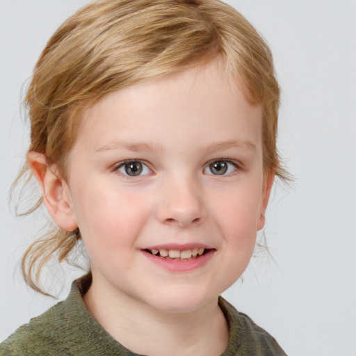 Joyful white child female with medium  brown hair and grey eyes