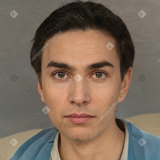 Neutral white young-adult male with short  brown hair and brown eyes