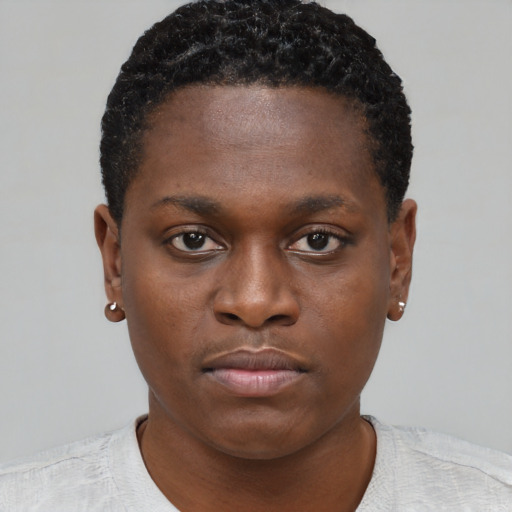 Neutral black young-adult female with short  brown hair and brown eyes