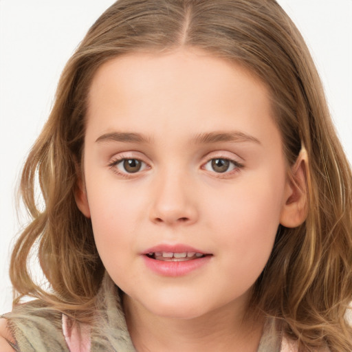 Joyful white child female with long  brown hair and brown eyes