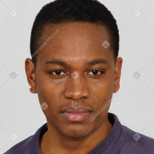 Neutral black young-adult male with short  black hair and brown eyes
