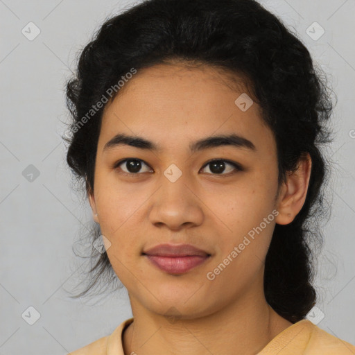 Joyful latino young-adult female with medium  black hair and brown eyes