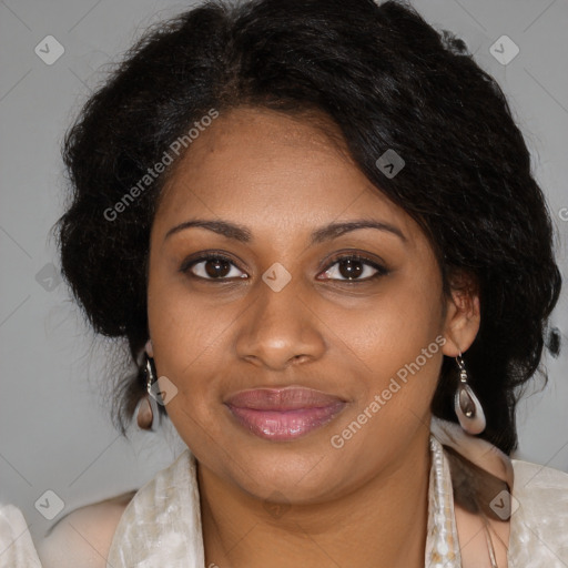 Joyful black young-adult female with medium  brown hair and brown eyes