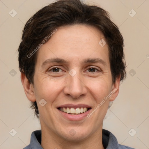 Joyful white adult female with short  brown hair and brown eyes