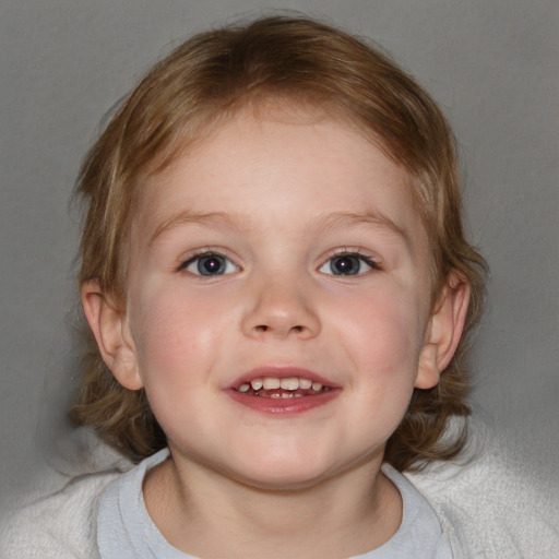 Joyful white child female with medium  brown hair and blue eyes