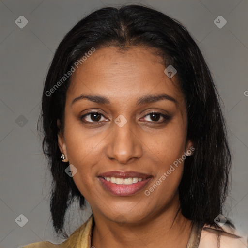 Joyful black young-adult female with medium  black hair and brown eyes