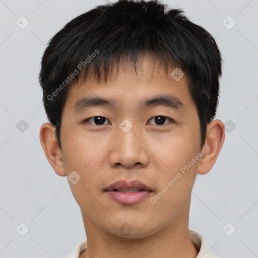 Neutral asian young-adult male with short  brown hair and brown eyes