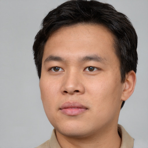 Neutral asian young-adult male with short  brown hair and brown eyes