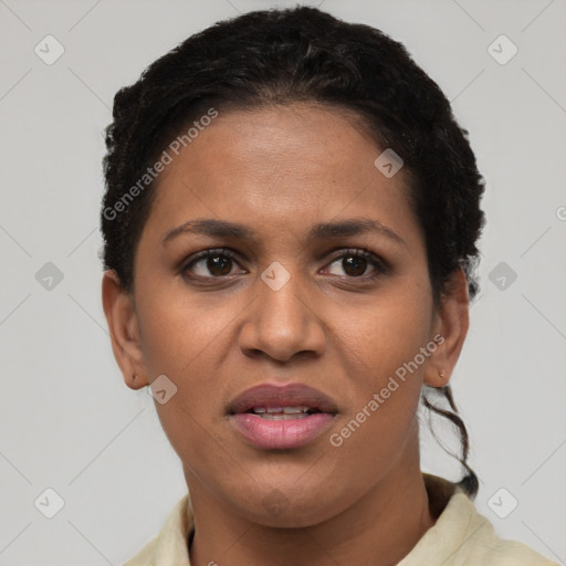 Joyful latino young-adult female with short  brown hair and brown eyes