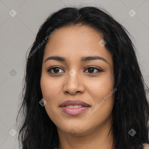 Joyful latino young-adult female with long  black hair and brown eyes