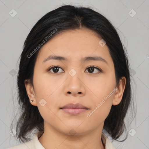 Neutral asian young-adult female with medium  brown hair and brown eyes