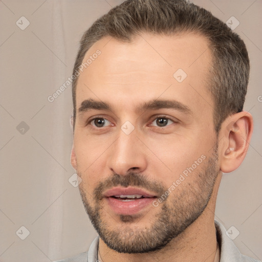 Neutral white young-adult male with short  brown hair and brown eyes