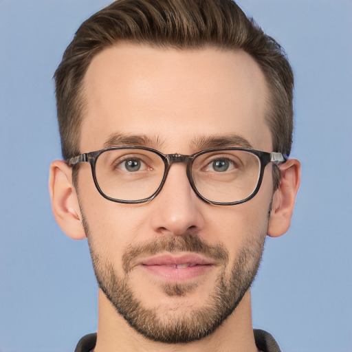 Joyful white young-adult male with short  brown hair and brown eyes