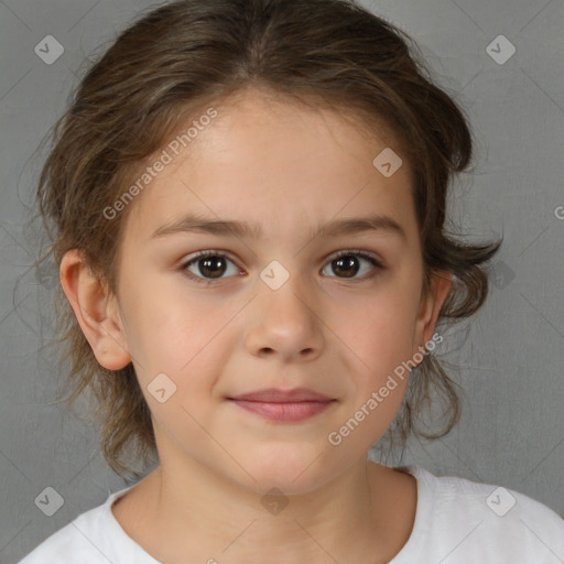 Joyful white child female with medium  brown hair and brown eyes