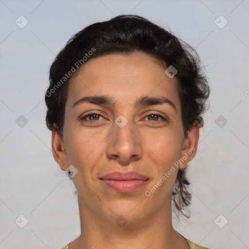 Joyful white adult female with short  brown hair and brown eyes