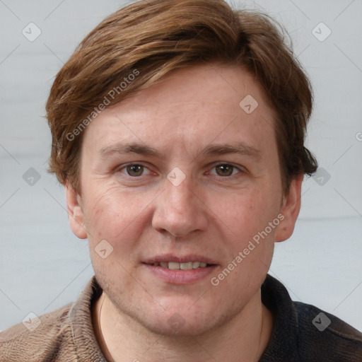 Joyful white adult female with short  brown hair and grey eyes