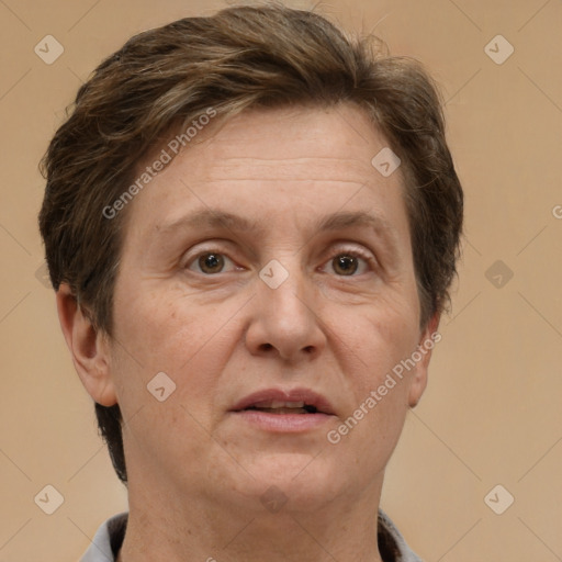 Neutral white adult female with short  brown hair and brown eyes