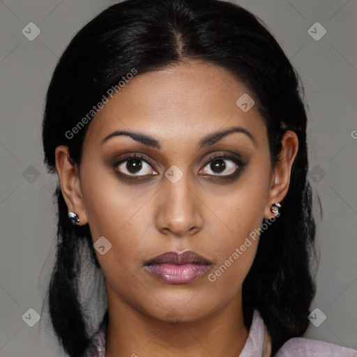 Neutral black young-adult female with medium  brown hair and brown eyes