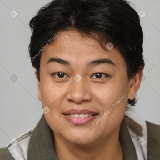 Joyful asian young-adult female with short  brown hair and brown eyes