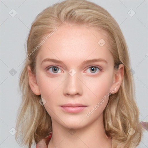 Neutral white young-adult female with medium  brown hair and blue eyes