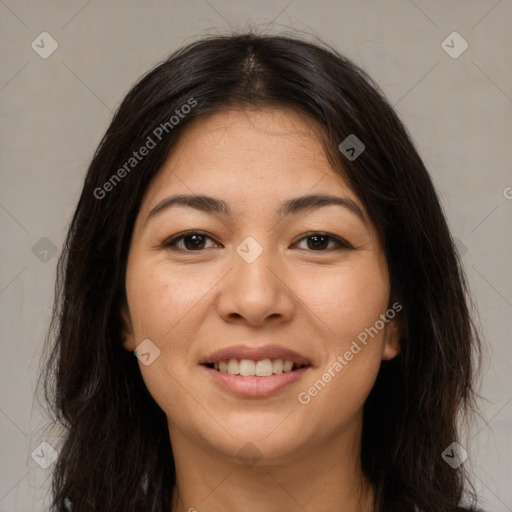 Joyful asian young-adult female with long  brown hair and brown eyes