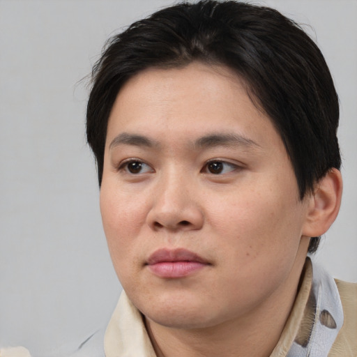 Neutral asian young-adult female with medium  brown hair and brown eyes