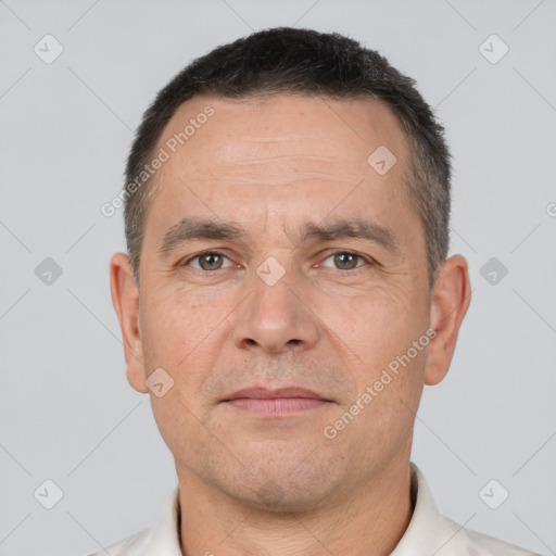 Neutral white adult male with short  brown hair and brown eyes