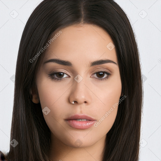 Neutral white young-adult female with long  brown hair and brown eyes