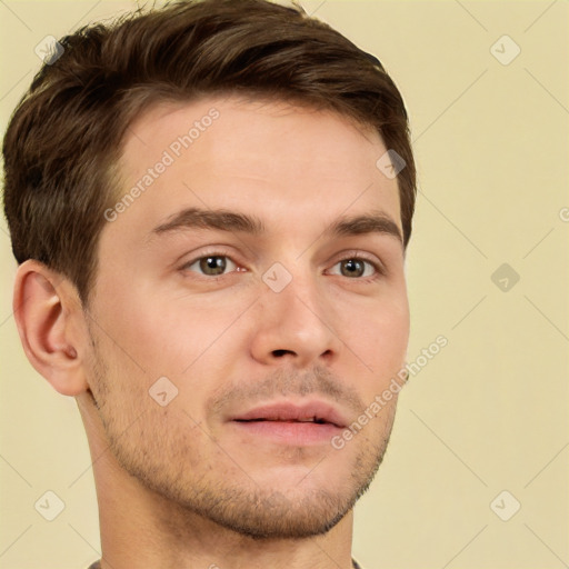 Neutral white young-adult male with short  brown hair and brown eyes