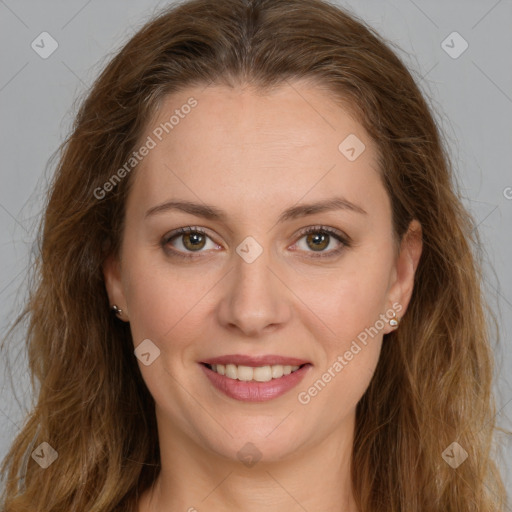 Joyful white young-adult female with long  brown hair and green eyes