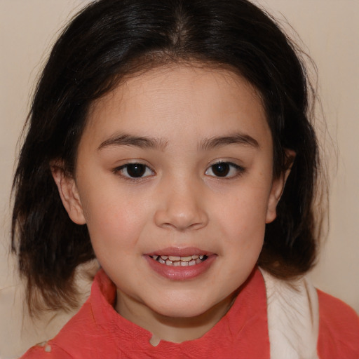 Joyful white child female with medium  brown hair and brown eyes