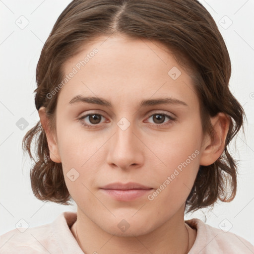 Neutral white young-adult female with medium  brown hair and grey eyes