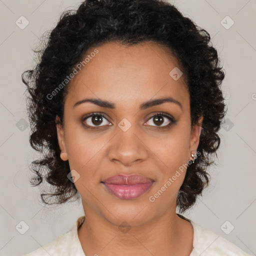 Joyful black young-adult female with medium  brown hair and brown eyes